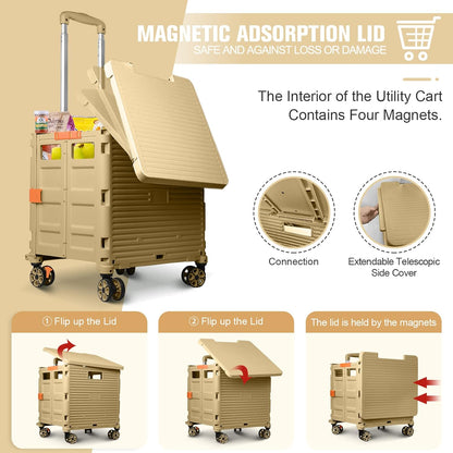SELORSS Foldable Utility Cart Folding Portable Rolling Crate-Yellow | Durable,Heavy Duty,Plastic Box,Telescoping Handle,4 Rotate Wheels,Collapsible Handcart for Travel Shop Move Luggage Office