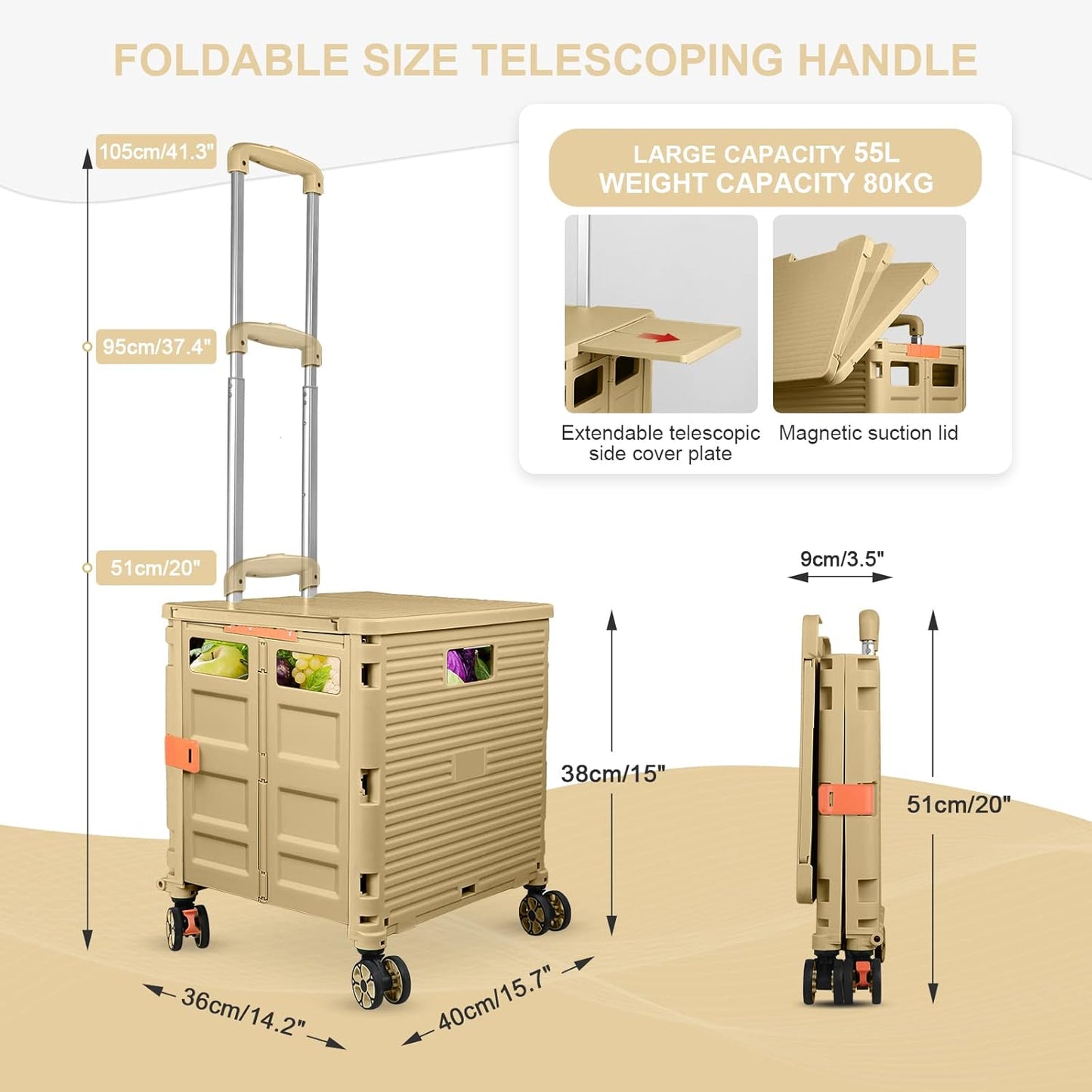 SELORSS Foldable Utility Cart Folding Portable Rolling Crate-Yellow | Durable,Heavy Duty,Plastic Box,Telescoping Handle,4 Rotate Wheels,Collapsible Handcart for Travel Shop Move Luggage Office