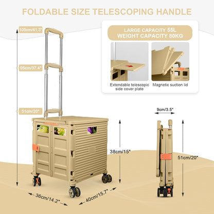 SELORSS Foldable Utility Cart Folding Portable Rolling Crate-Yellow | Durable,Heavy Duty,Plastic Box,Telescoping Handle,4 Rotate Wheels,Collapsible Handcart for Travel Shop Move Luggage Office