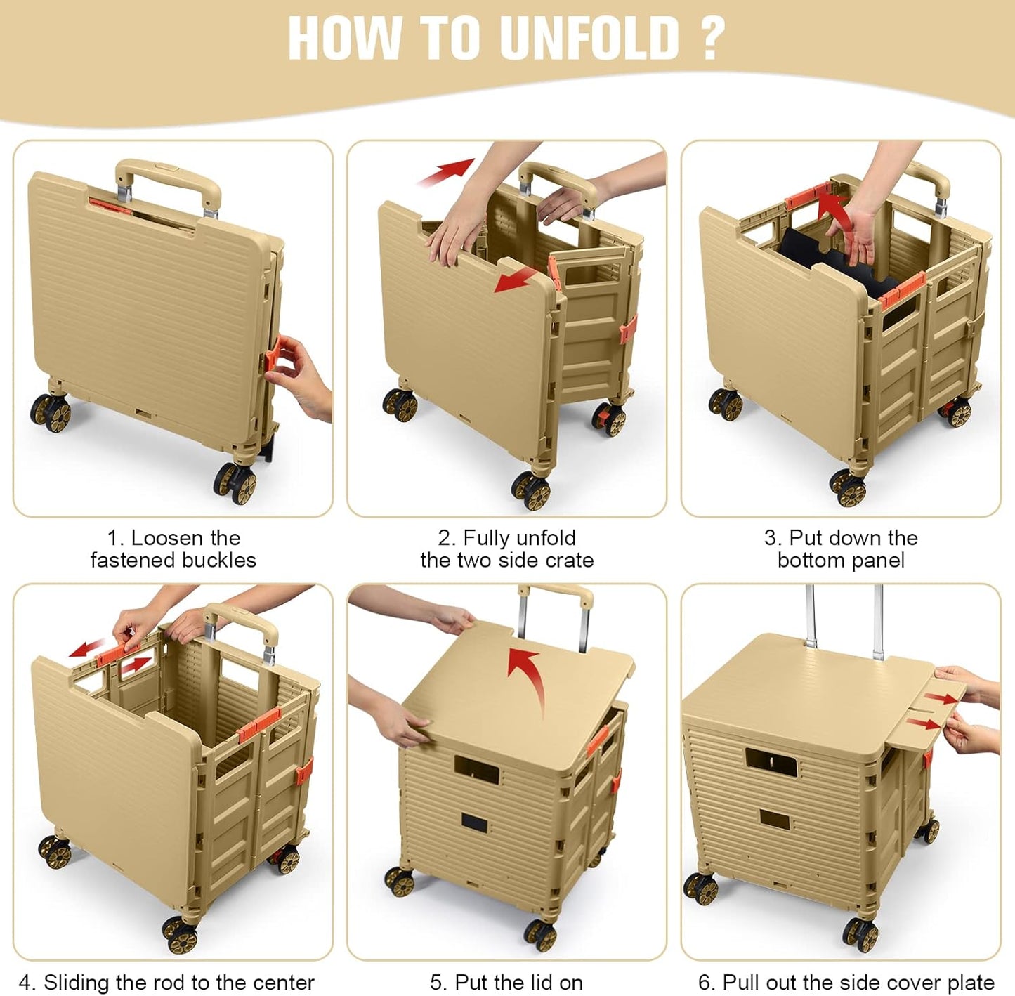 SELORSS Foldable Utility Cart Folding Portable Rolling Crate-Yellow | Durable,Heavy Duty,Plastic Box,Telescoping Handle,4 Rotate Wheels,Collapsible Handcart for Travel Shop Move Luggage Office