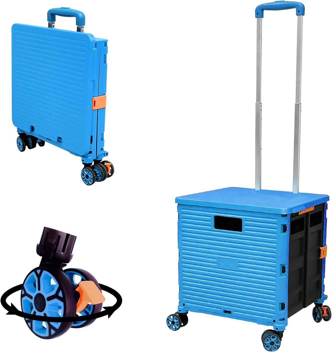 SELORSS Foldable Utility Cart Folding Portable Rolling Crate-Yellow | Durable,Heavy Duty,Plastic Box,Telescoping Handle,4 Rotate Wheels,Collapsible Handcart for Travel Shop Move Luggage Office