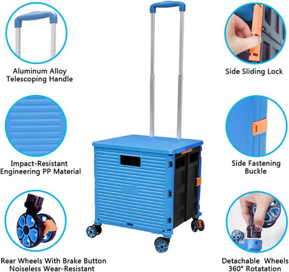 SELORSS Foldable Utility Cart Folding Portable Rolling Crate-Yellow | Durable,Heavy Duty,Plastic Box,Telescoping Handle,4 Rotate Wheels,Collapsible Handcart for Travel Shop Move Luggage Office
