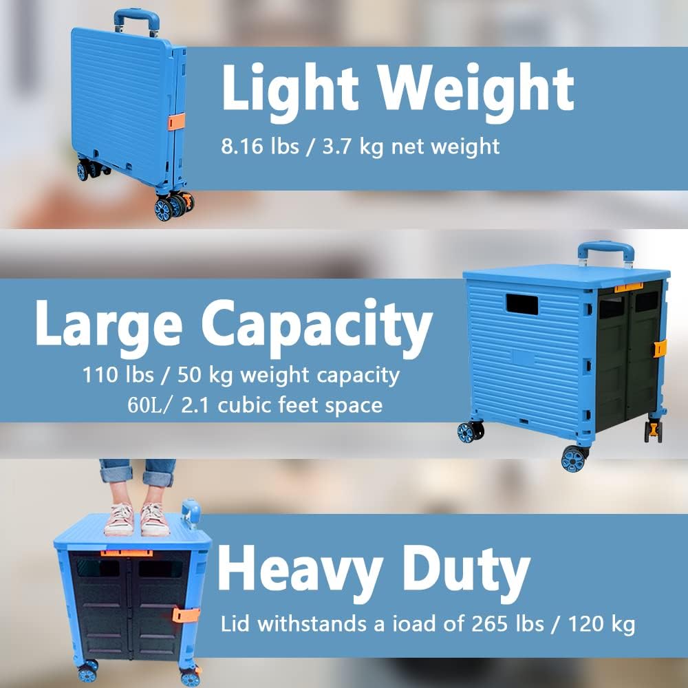 SELORSS Foldable Utility Cart Folding Portable Rolling Crate-Yellow | Durable,Heavy Duty,Plastic Box,Telescoping Handle,4 Rotate Wheels,Collapsible Handcart for Travel Shop Move Luggage Office