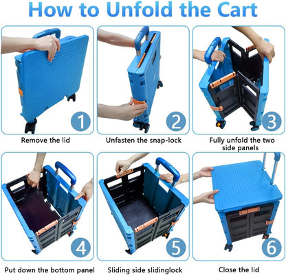 SELORSS Foldable Utility Cart Folding Portable Rolling Crate-Yellow | Durable,Heavy Duty,Plastic Box,Telescoping Handle,4 Rotate Wheels,Collapsible Handcart for Travel Shop Move Luggage Office