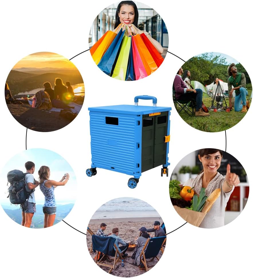 SELORSS Foldable Utility Cart Folding Portable Rolling Crate-Yellow | Durable,Heavy Duty,Plastic Box,Telescoping Handle,4 Rotate Wheels,Collapsible Handcart for Travel Shop Move Luggage Office