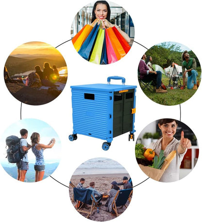 SELORSS Foldable Utility Cart Folding Portable Rolling Crate-Yellow | Durable,Heavy Duty,Plastic Box,Telescoping Handle,4 Rotate Wheels,Collapsible Handcart for Travel Shop Move Luggage Office