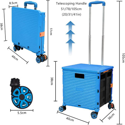 SELORSS Foldable Utility Cart Folding Portable Rolling Crate-Yellow | Durable,Heavy Duty,Plastic Box,Telescoping Handle,4 Rotate Wheels,Collapsible Handcart for Travel Shop Move Luggage Office