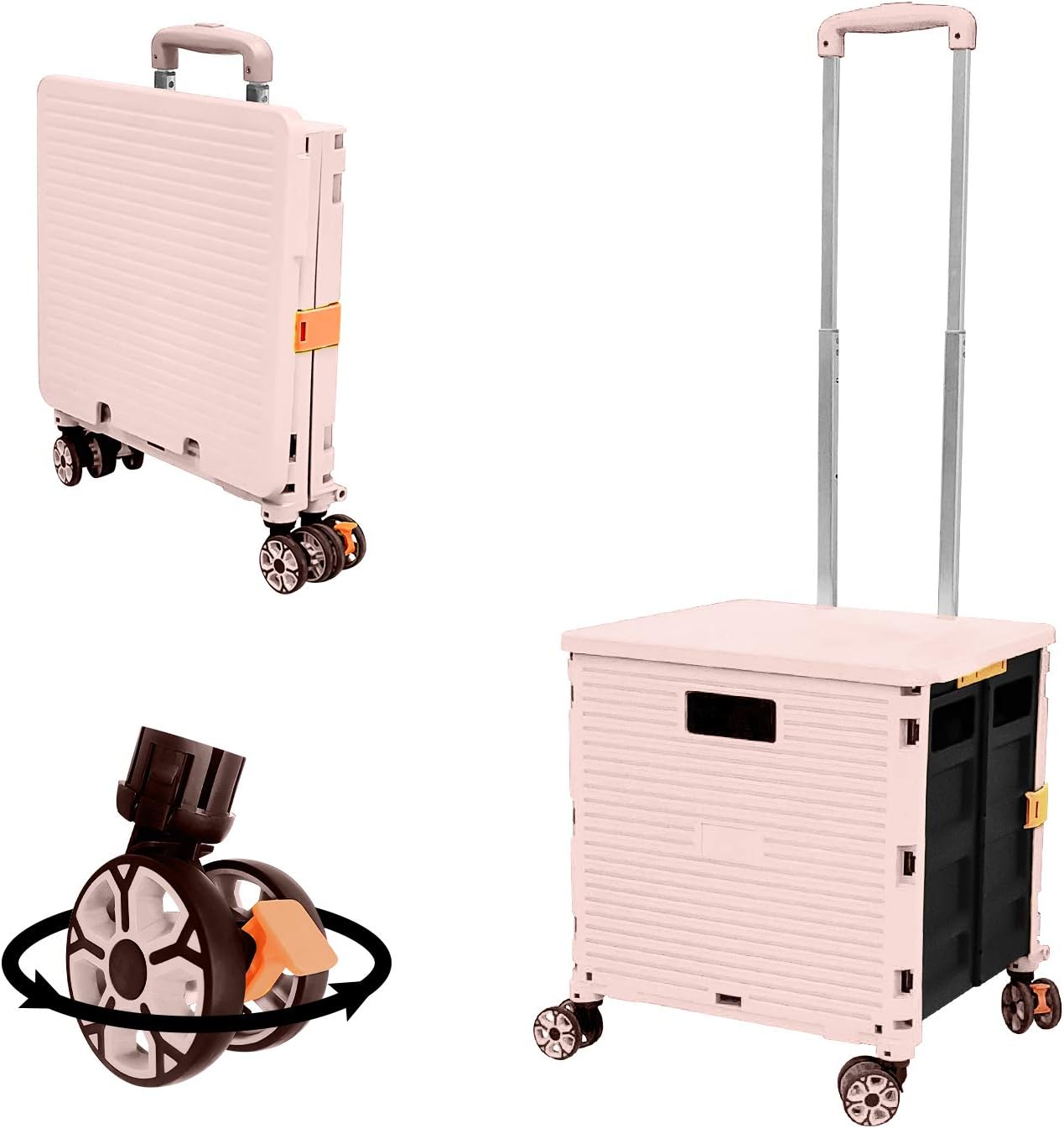 SELORSS Foldable Utility Cart Folding Portable Rolling Crate-Yellow | Durable,Heavy Duty,Plastic Box,Telescoping Handle,4 Rotate Wheels,Collapsible Handcart for Travel Shop Move Luggage Office