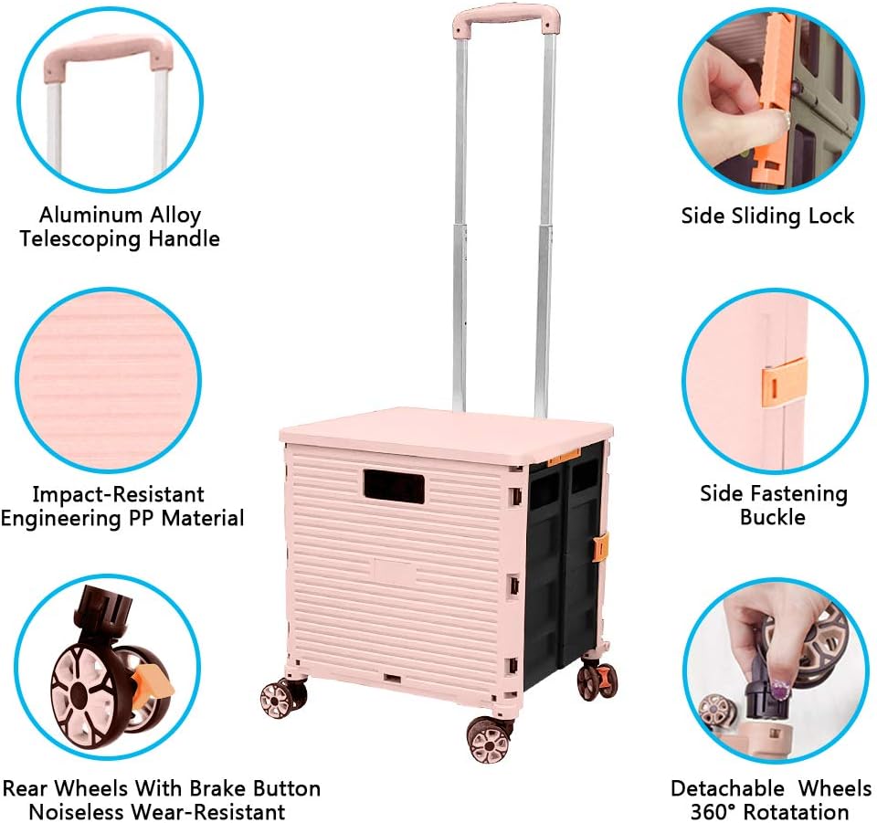 SELORSS Foldable Utility Cart Folding Portable Rolling Crate-Yellow | Durable,Heavy Duty,Plastic Box,Telescoping Handle,4 Rotate Wheels,Collapsible Handcart for Travel Shop Move Luggage Office
