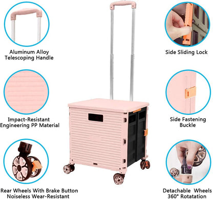 SELORSS Foldable Utility Cart Folding Portable Rolling Crate-Yellow | Durable,Heavy Duty,Plastic Box,Telescoping Handle,4 Rotate Wheels,Collapsible Handcart for Travel Shop Move Luggage Office