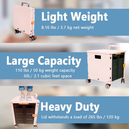 SELORSS Foldable Utility Cart Folding Portable Rolling Crate-Yellow | Durable,Heavy Duty,Plastic Box,Telescoping Handle,4 Rotate Wheels,Collapsible Handcart for Travel Shop Move Luggage Office