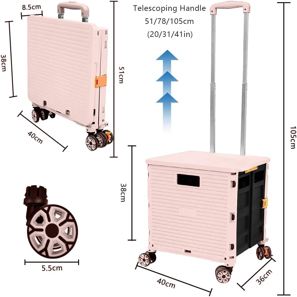 SELORSS Foldable Utility Cart Folding Portable Rolling Crate-Yellow | Durable,Heavy Duty,Plastic Box,Telescoping Handle,4 Rotate Wheels,Collapsible Handcart for Travel Shop Move Luggage Office