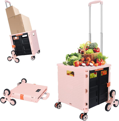 SELORSS Foldable Utility Cart Folding Portable Rolling Crate-Yellow | Durable,Heavy Duty,Plastic Box,Telescoping Handle,4 Rotate Wheels,Collapsible Handcart for Travel Shop Move Luggage Office