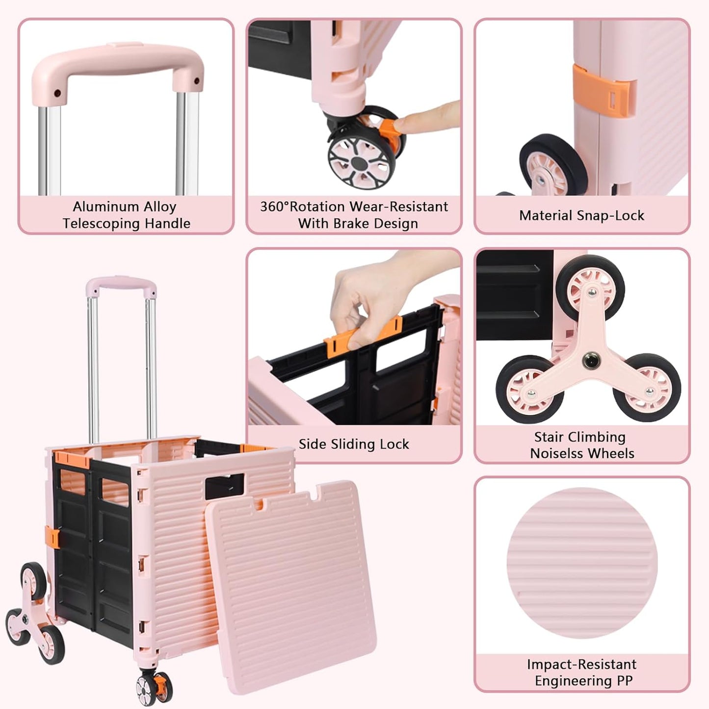 SELORSS Foldable Utility Cart Folding Portable Rolling Crate-Yellow | Durable,Heavy Duty,Plastic Box,Telescoping Handle,4 Rotate Wheels,Collapsible Handcart for Travel Shop Move Luggage Office