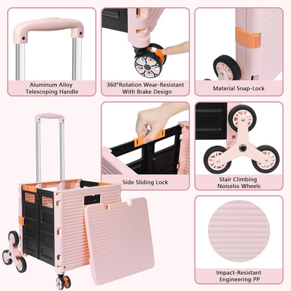 SELORSS Foldable Utility Cart Folding Portable Rolling Crate-Yellow | Durable,Heavy Duty,Plastic Box,Telescoping Handle,4 Rotate Wheels,Collapsible Handcart for Travel Shop Move Luggage Office