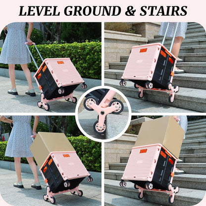 SELORSS Foldable Utility Cart Folding Portable Rolling Crate-Yellow | Durable,Heavy Duty,Plastic Box,Telescoping Handle,4 Rotate Wheels,Collapsible Handcart for Travel Shop Move Luggage Office