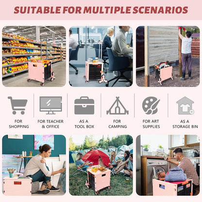 SELORSS Foldable Utility Cart Folding Portable Rolling Crate-Yellow | Durable,Heavy Duty,Plastic Box,Telescoping Handle,4 Rotate Wheels,Collapsible Handcart for Travel Shop Move Luggage Office