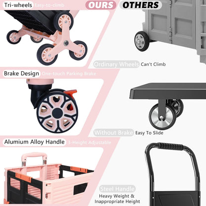 SELORSS Foldable Utility Cart Folding Portable Rolling Crate-Yellow | Durable,Heavy Duty,Plastic Box,Telescoping Handle,4 Rotate Wheels,Collapsible Handcart for Travel Shop Move Luggage Office