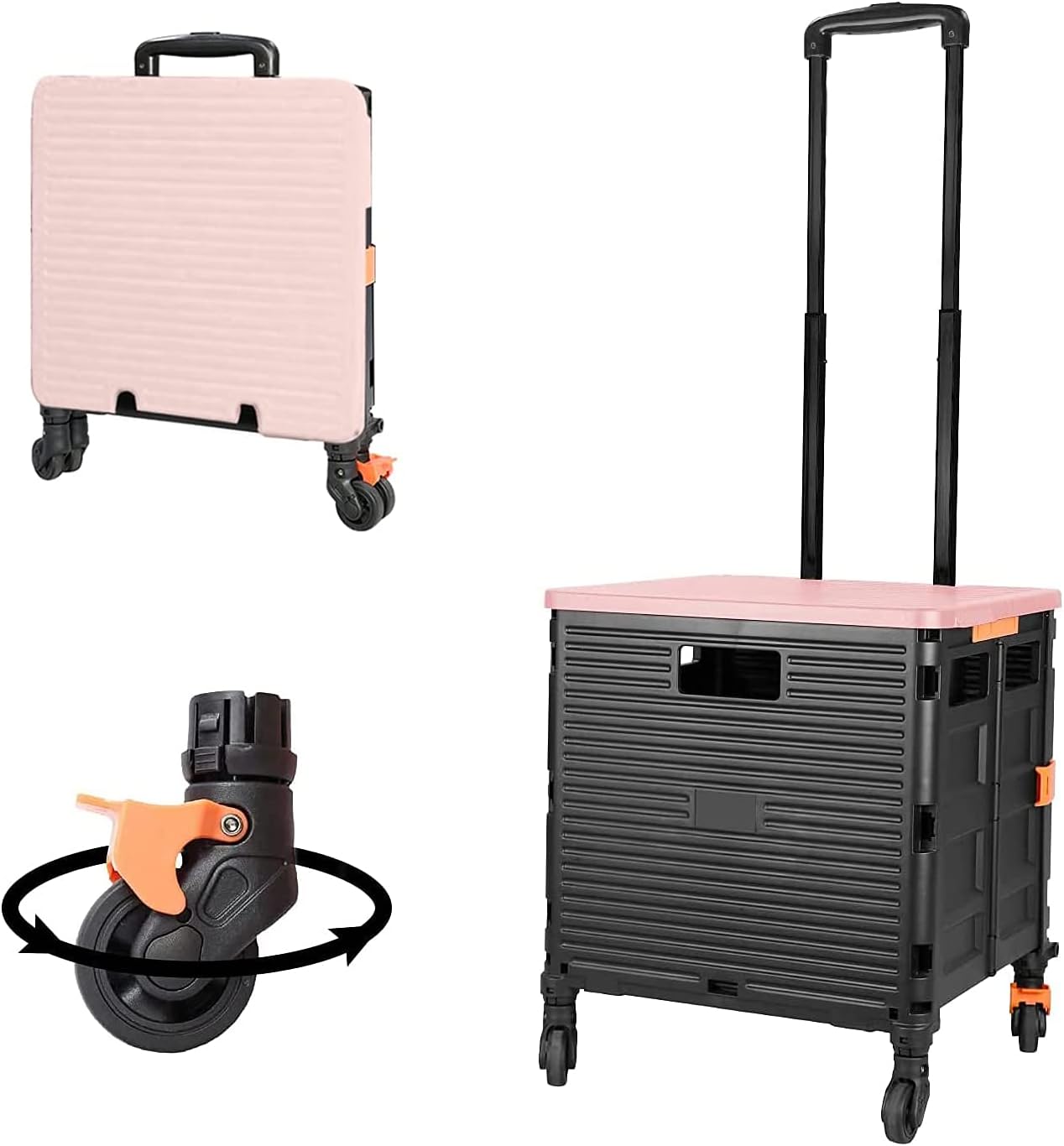 SELORSS Foldable Utility Cart Folding Portable Rolling Crate-Yellow | Durable,Heavy Duty,Plastic Box,Telescoping Handle,4 Rotate Wheels,Collapsible Handcart for Travel Shop Move Luggage Office
