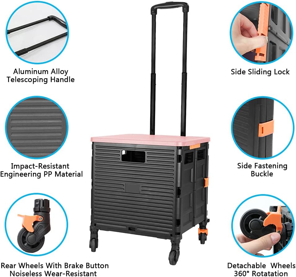 SELORSS Foldable Utility Cart Folding Portable Rolling Crate-Yellow | Durable,Heavy Duty,Plastic Box,Telescoping Handle,4 Rotate Wheels,Collapsible Handcart for Travel Shop Move Luggage Office