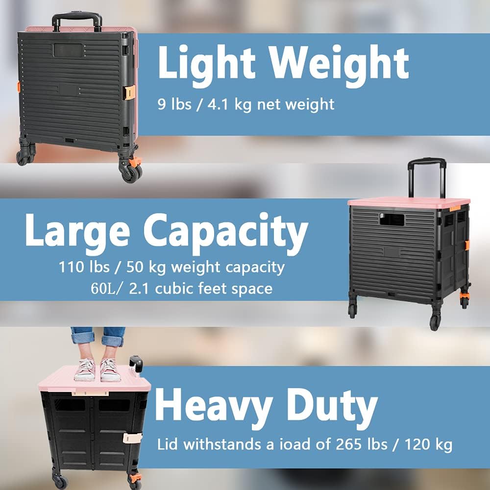 SELORSS Foldable Utility Cart Folding Portable Rolling Crate-Yellow | Durable,Heavy Duty,Plastic Box,Telescoping Handle,4 Rotate Wheels,Collapsible Handcart for Travel Shop Move Luggage Office