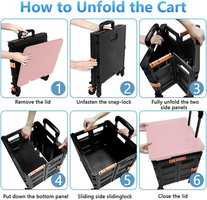 SELORSS Foldable Utility Cart Folding Portable Rolling Crate-Yellow | Durable,Heavy Duty,Plastic Box,Telescoping Handle,4 Rotate Wheels,Collapsible Handcart for Travel Shop Move Luggage Office