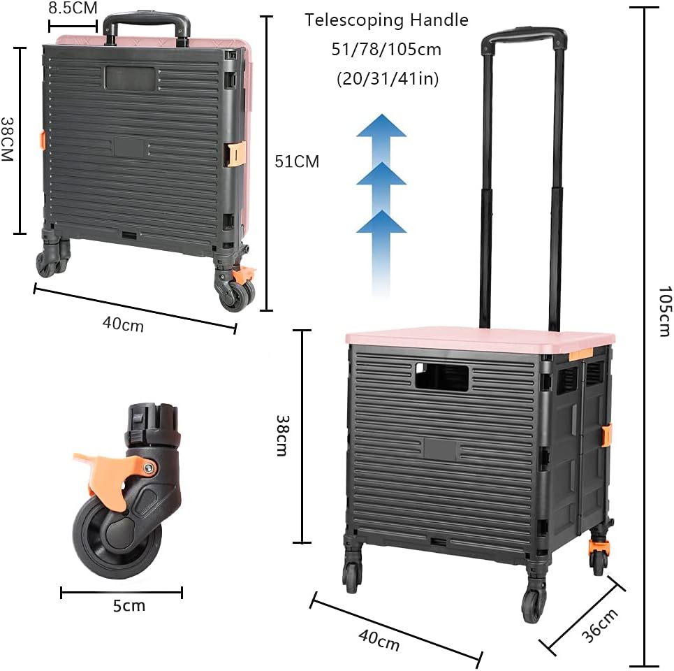 SELORSS Foldable Utility Cart Folding Portable Rolling Crate-Yellow | Durable,Heavy Duty,Plastic Box,Telescoping Handle,4 Rotate Wheels,Collapsible Handcart for Travel Shop Move Luggage Office