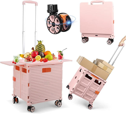 SELORSS Foldable Utility Cart Folding Portable Rolling Crate-Yellow | Durable,Heavy Duty,Plastic Box,Telescoping Handle,4 Rotate Wheels,Collapsible Handcart for Travel Shop Move Luggage Office
