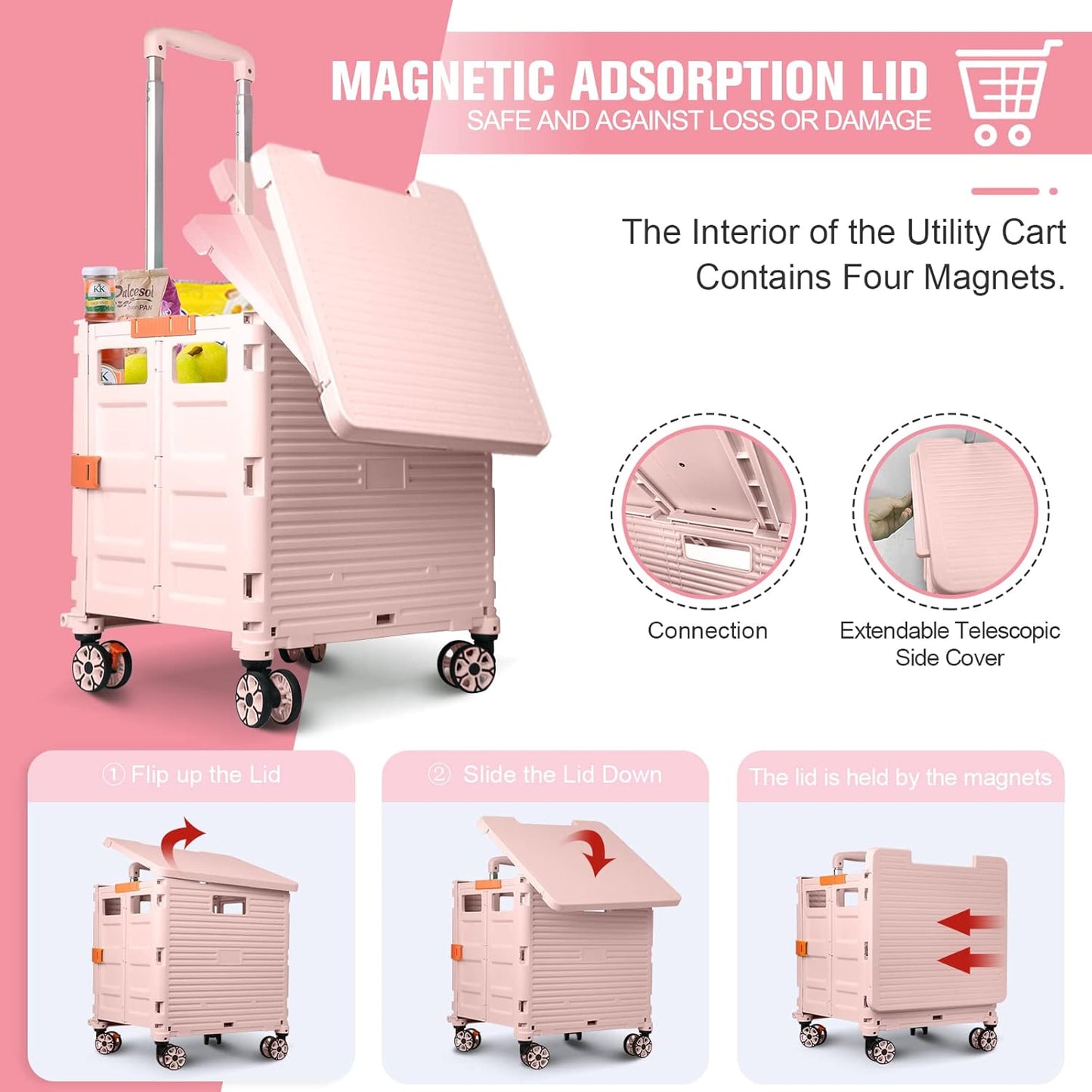 SELORSS Foldable Utility Cart Folding Portable Rolling Crate-Yellow | Durable,Heavy Duty,Plastic Box,Telescoping Handle,4 Rotate Wheels,Collapsible Handcart for Travel Shop Move Luggage Office