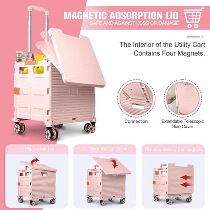 SELORSS Foldable Utility Cart Folding Portable Rolling Crate-Yellow | Durable,Heavy Duty,Plastic Box,Telescoping Handle,4 Rotate Wheels,Collapsible Handcart for Travel Shop Move Luggage Office