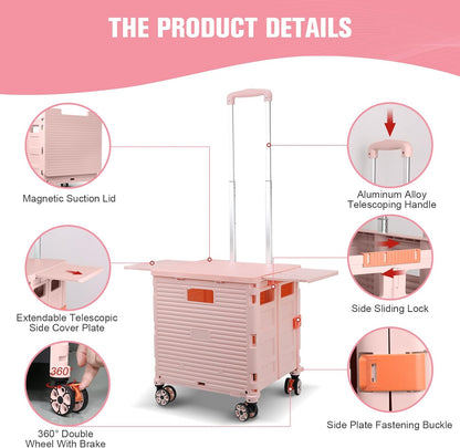 SELORSS Foldable Utility Cart Folding Portable Rolling Crate-Yellow | Durable,Heavy Duty,Plastic Box,Telescoping Handle,4 Rotate Wheels,Collapsible Handcart for Travel Shop Move Luggage Office
