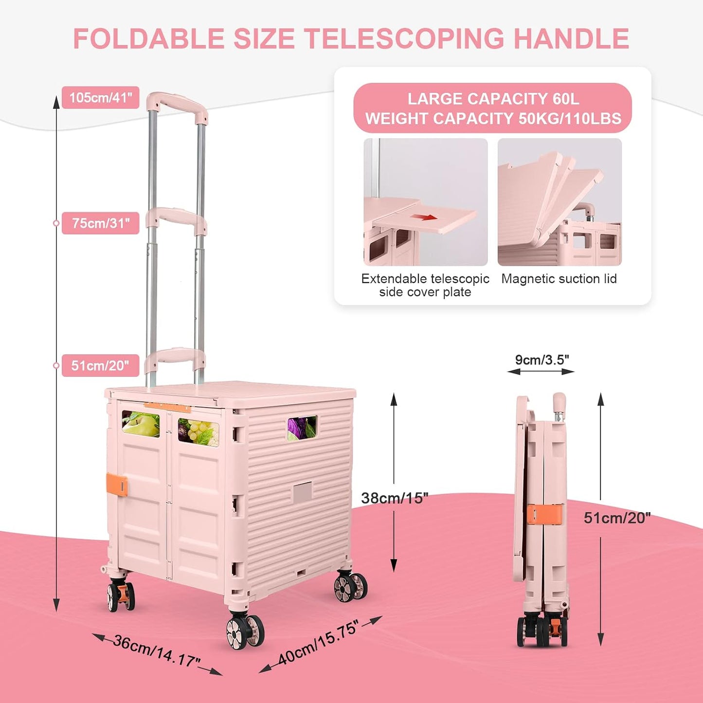 SELORSS Foldable Utility Cart Folding Portable Rolling Crate-Yellow | Durable,Heavy Duty,Plastic Box,Telescoping Handle,4 Rotate Wheels,Collapsible Handcart for Travel Shop Move Luggage Office