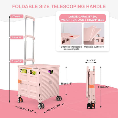 SELORSS Foldable Utility Cart Folding Portable Rolling Crate-Yellow | Durable,Heavy Duty,Plastic Box,Telescoping Handle,4 Rotate Wheels,Collapsible Handcart for Travel Shop Move Luggage Office