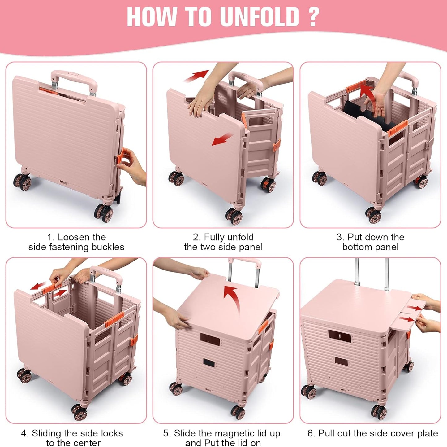 SELORSS Foldable Utility Cart Folding Portable Rolling Crate-Yellow | Durable,Heavy Duty,Plastic Box,Telescoping Handle,4 Rotate Wheels,Collapsible Handcart for Travel Shop Move Luggage Office
