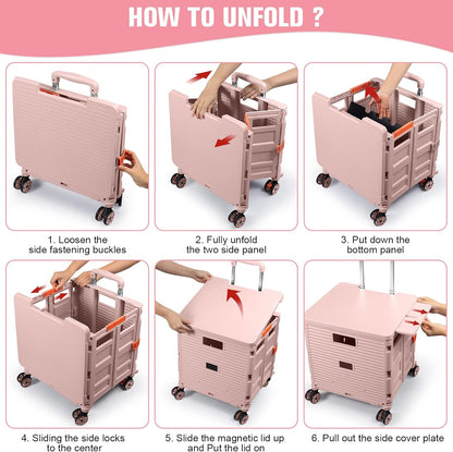 SELORSS Foldable Utility Cart Folding Portable Rolling Crate-Yellow | Durable,Heavy Duty,Plastic Box,Telescoping Handle,4 Rotate Wheels,Collapsible Handcart for Travel Shop Move Luggage Office