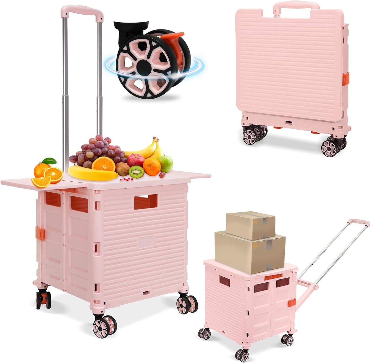 SELORSS Foldable Utility Cart Folding Portable Rolling Crate-Yellow | Durable,Heavy Duty,Plastic Box,Telescoping Handle,4 Rotate Wheels,Collapsible Handcart for Travel Shop Move Luggage Office