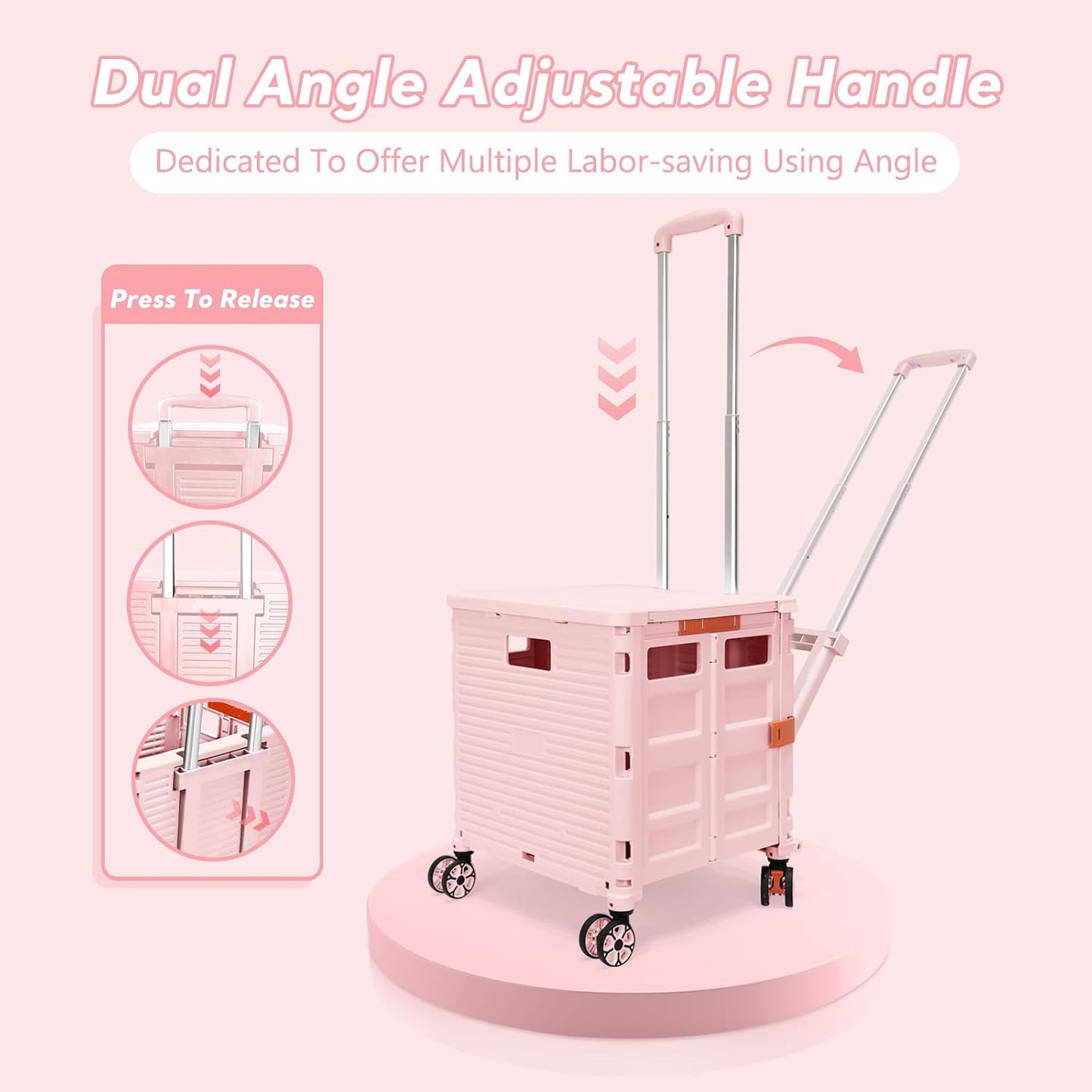 SELORSS Foldable Utility Cart Folding Portable Rolling Crate-Yellow | Durable,Heavy Duty,Plastic Box,Telescoping Handle,4 Rotate Wheels,Collapsible Handcart for Travel Shop Move Luggage Office