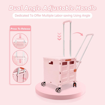 SELORSS Foldable Utility Cart Folding Portable Rolling Crate-Yellow | Durable,Heavy Duty,Plastic Box,Telescoping Handle,4 Rotate Wheels,Collapsible Handcart for Travel Shop Move Luggage Office