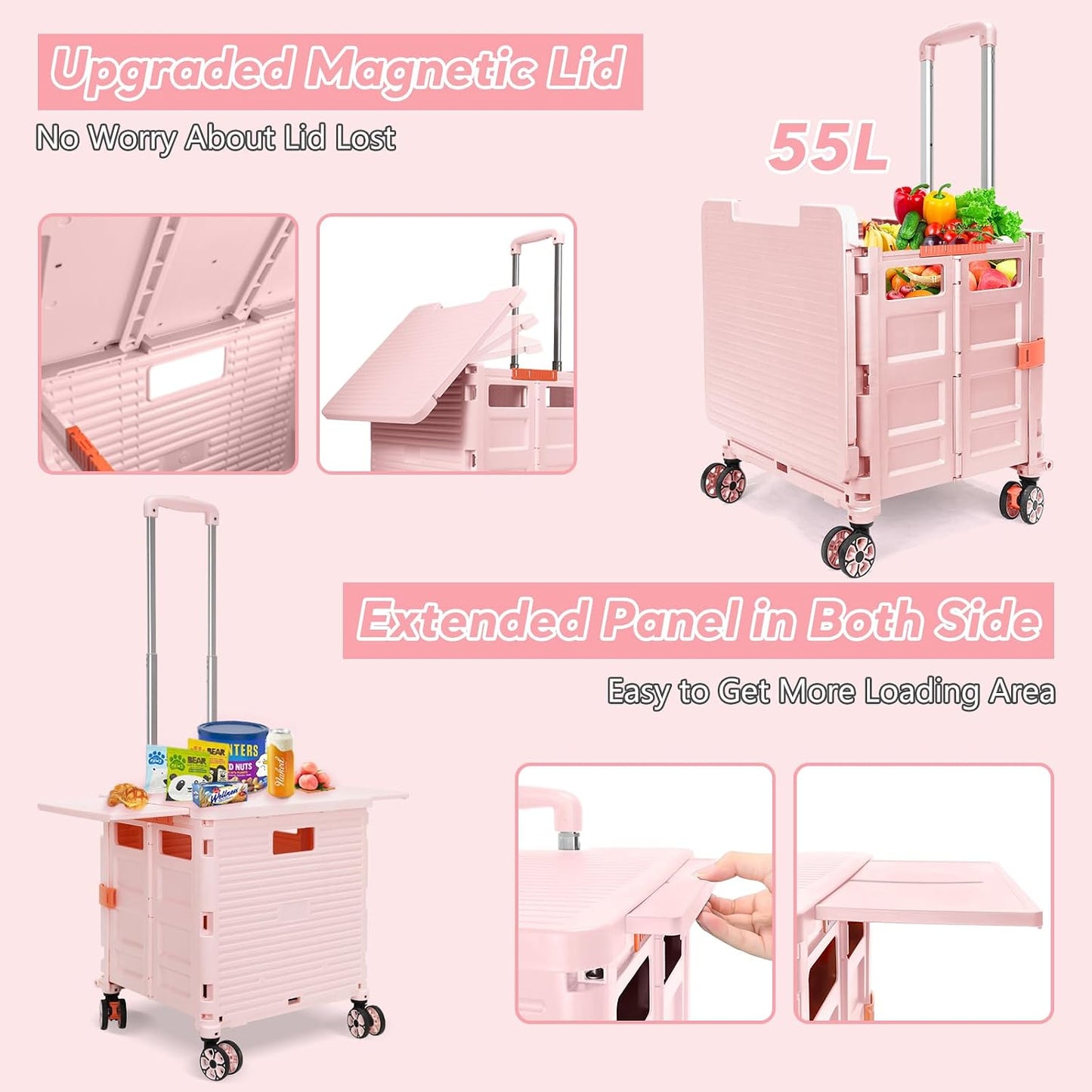 SELORSS Foldable Utility Cart Folding Portable Rolling Crate-Yellow | Durable,Heavy Duty,Plastic Box,Telescoping Handle,4 Rotate Wheels,Collapsible Handcart for Travel Shop Move Luggage Office