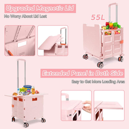 SELORSS Foldable Utility Cart Folding Portable Rolling Crate-Yellow | Durable,Heavy Duty,Plastic Box,Telescoping Handle,4 Rotate Wheels,Collapsible Handcart for Travel Shop Move Luggage Office