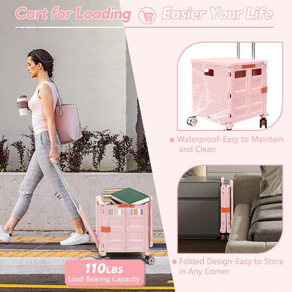 SELORSS Foldable Utility Cart Folding Portable Rolling Crate-Yellow | Durable,Heavy Duty,Plastic Box,Telescoping Handle,4 Rotate Wheels,Collapsible Handcart for Travel Shop Move Luggage Office