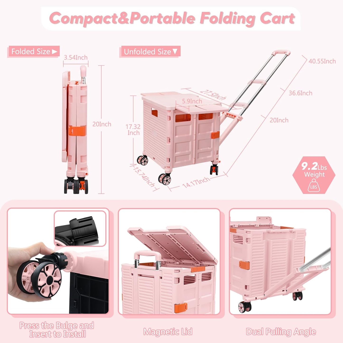 SELORSS Foldable Utility Cart Folding Portable Rolling Crate-Yellow | Durable,Heavy Duty,Plastic Box,Telescoping Handle,4 Rotate Wheels,Collapsible Handcart for Travel Shop Move Luggage Office