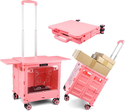 SELORSS Foldable Utility Cart Folding Portable Rolling Crate-Yellow | Durable,Heavy Duty,Plastic Box,Telescoping Handle,4 Rotate Wheels,Collapsible Handcart for Travel Shop Move Luggage Office