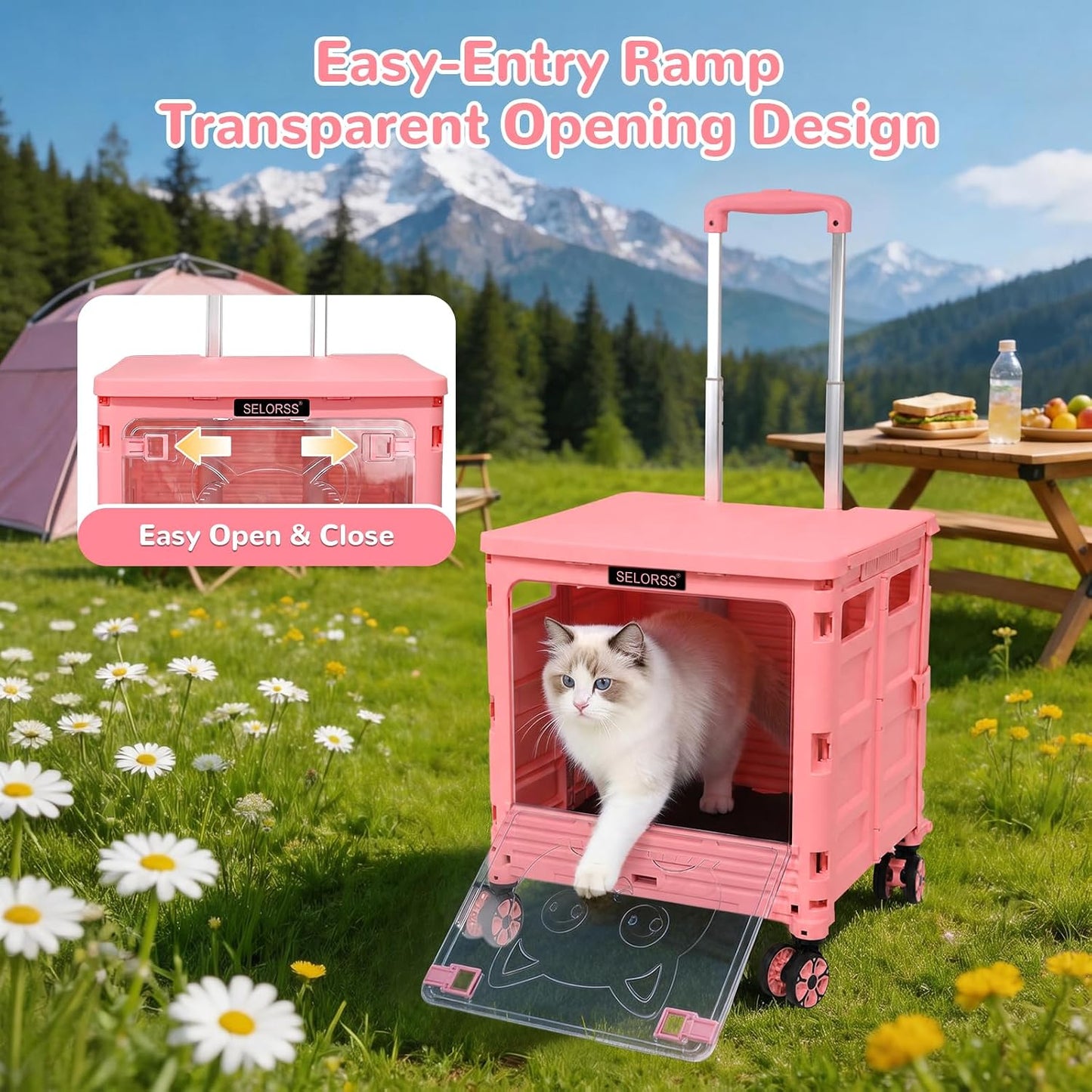 SELORSS Foldable Utility Cart Folding Portable Rolling Crate-Yellow | Durable,Heavy Duty,Plastic Box,Telescoping Handle,4 Rotate Wheels,Collapsible Handcart for Travel Shop Move Luggage Office