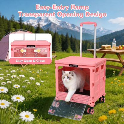 SELORSS Foldable Utility Cart Folding Portable Rolling Crate-Yellow | Durable,Heavy Duty,Plastic Box,Telescoping Handle,4 Rotate Wheels,Collapsible Handcart for Travel Shop Move Luggage Office