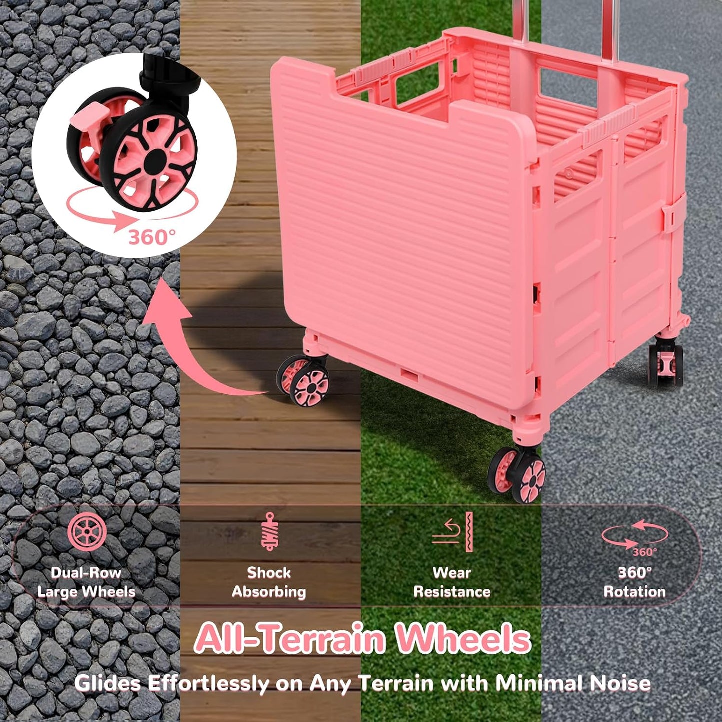 SELORSS Foldable Utility Cart Folding Portable Rolling Crate-Yellow | Durable,Heavy Duty,Plastic Box,Telescoping Handle,4 Rotate Wheels,Collapsible Handcart for Travel Shop Move Luggage Office