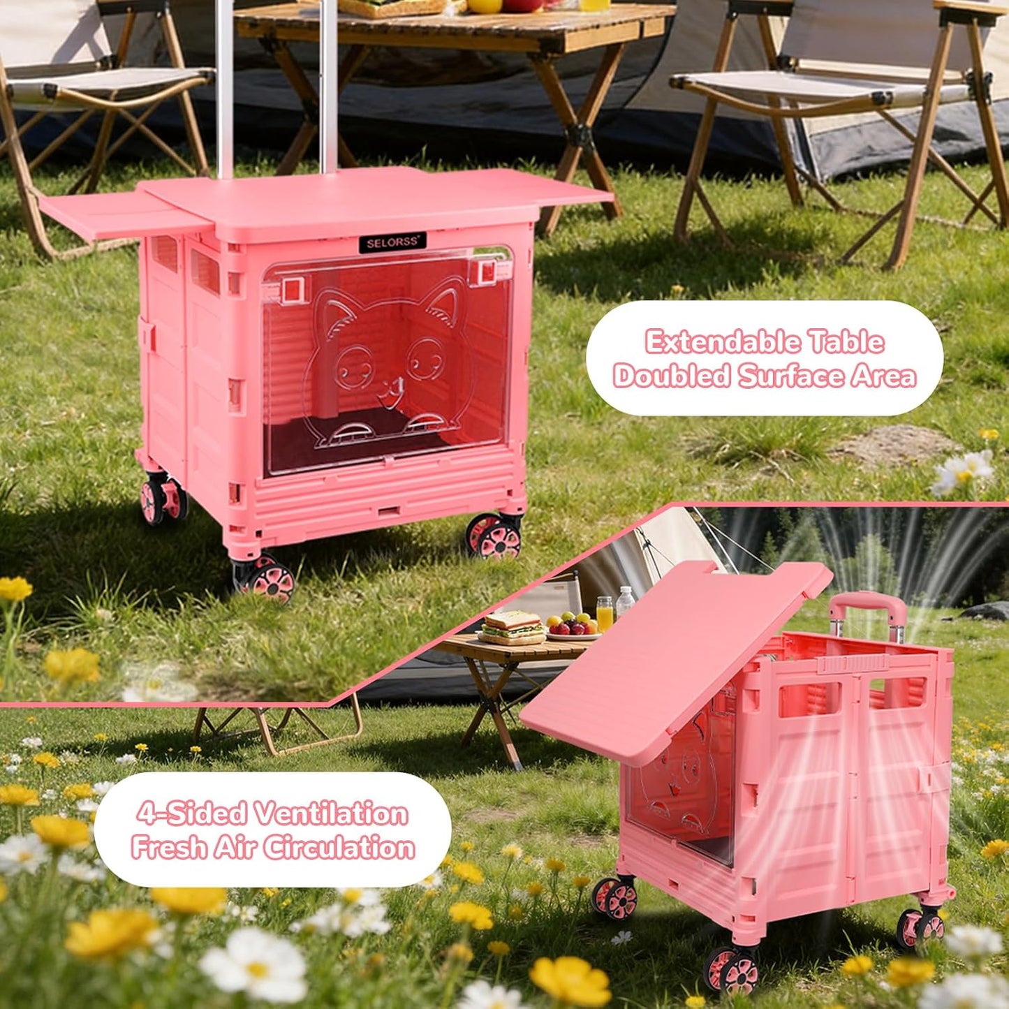 SELORSS Foldable Utility Cart Folding Portable Rolling Crate-Yellow | Durable,Heavy Duty,Plastic Box,Telescoping Handle,4 Rotate Wheels,Collapsible Handcart for Travel Shop Move Luggage Office