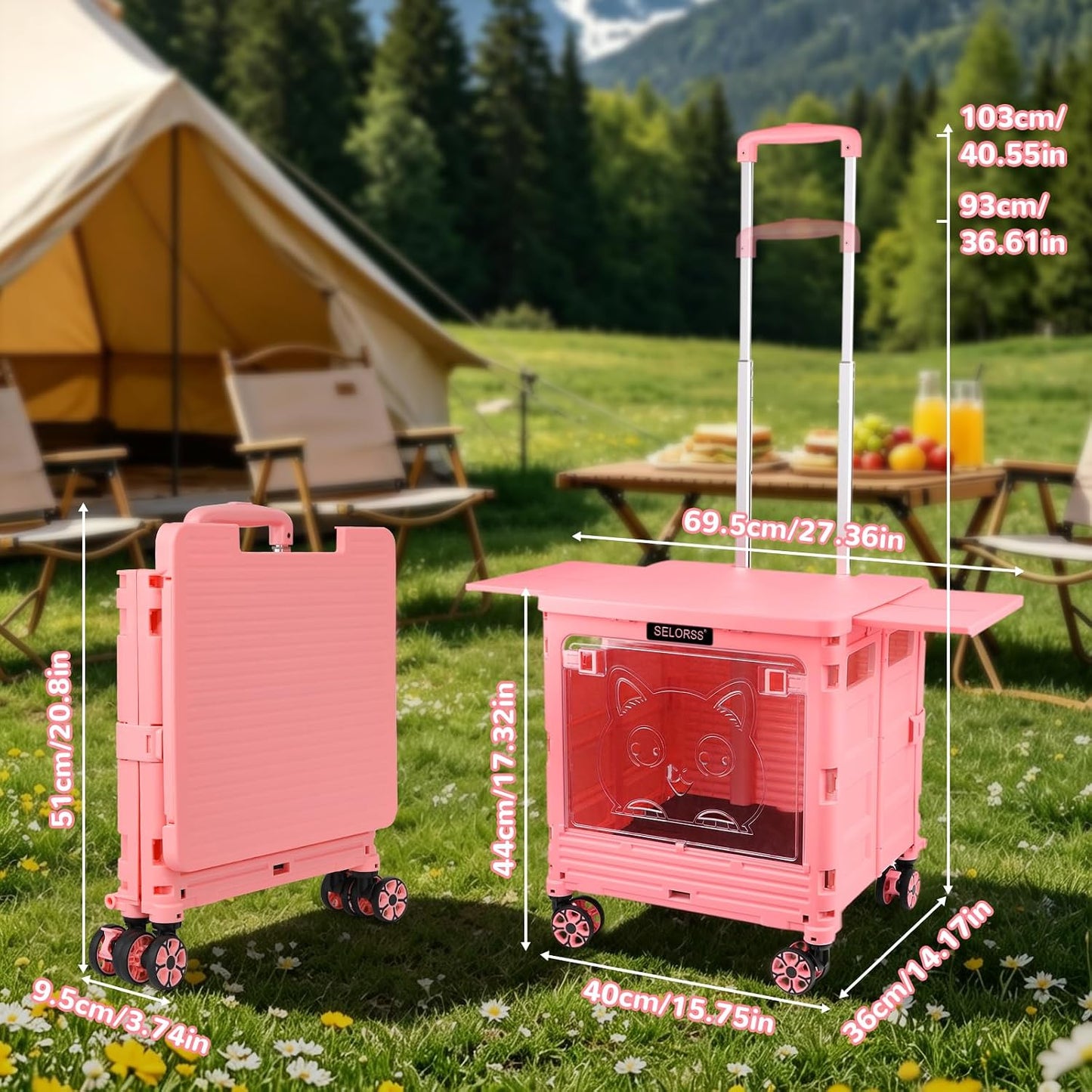 SELORSS Foldable Utility Cart Folding Portable Rolling Crate-Yellow | Durable,Heavy Duty,Plastic Box,Telescoping Handle,4 Rotate Wheels,Collapsible Handcart for Travel Shop Move Luggage Office
