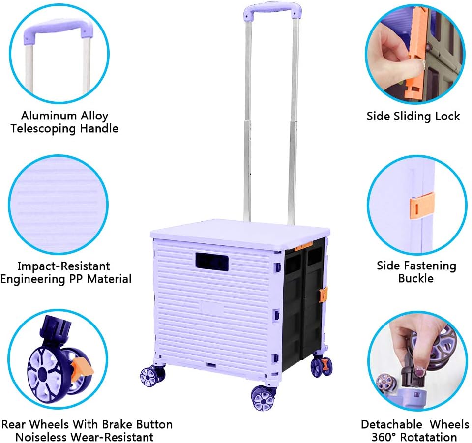 SELORSS Foldable Utility Cart Folding Portable Rolling Crate-Yellow | Durable,Heavy Duty,Plastic Box,Telescoping Handle,4 Rotate Wheels,Collapsible Handcart for Travel Shop Move Luggage Office
