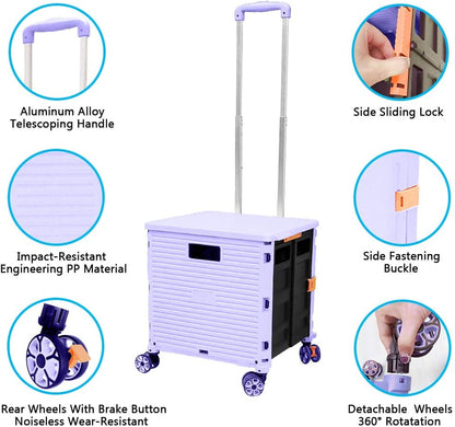 SELORSS Foldable Utility Cart Folding Portable Rolling Crate-Yellow | Durable,Heavy Duty,Plastic Box,Telescoping Handle,4 Rotate Wheels,Collapsible Handcart for Travel Shop Move Luggage Office